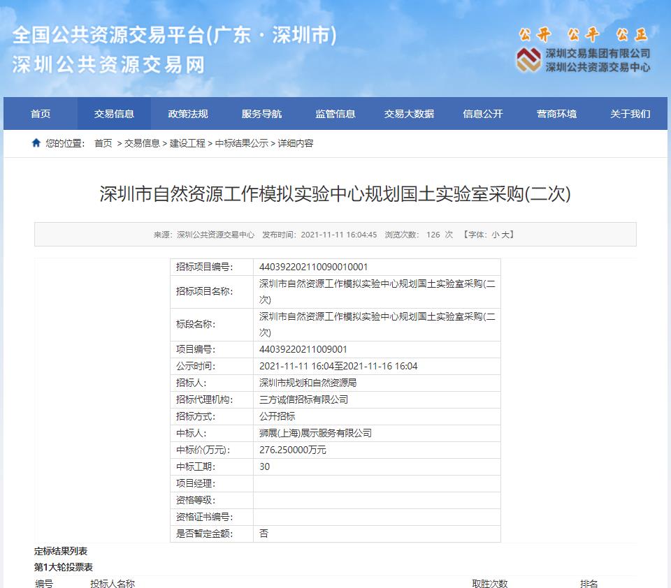 喜報：全國最小單元機械點陣項目開標——獅展（上海）展示服務有限公司中標深圳市自然資源工作模擬實驗中心規(guī)劃國土實驗室采購項目